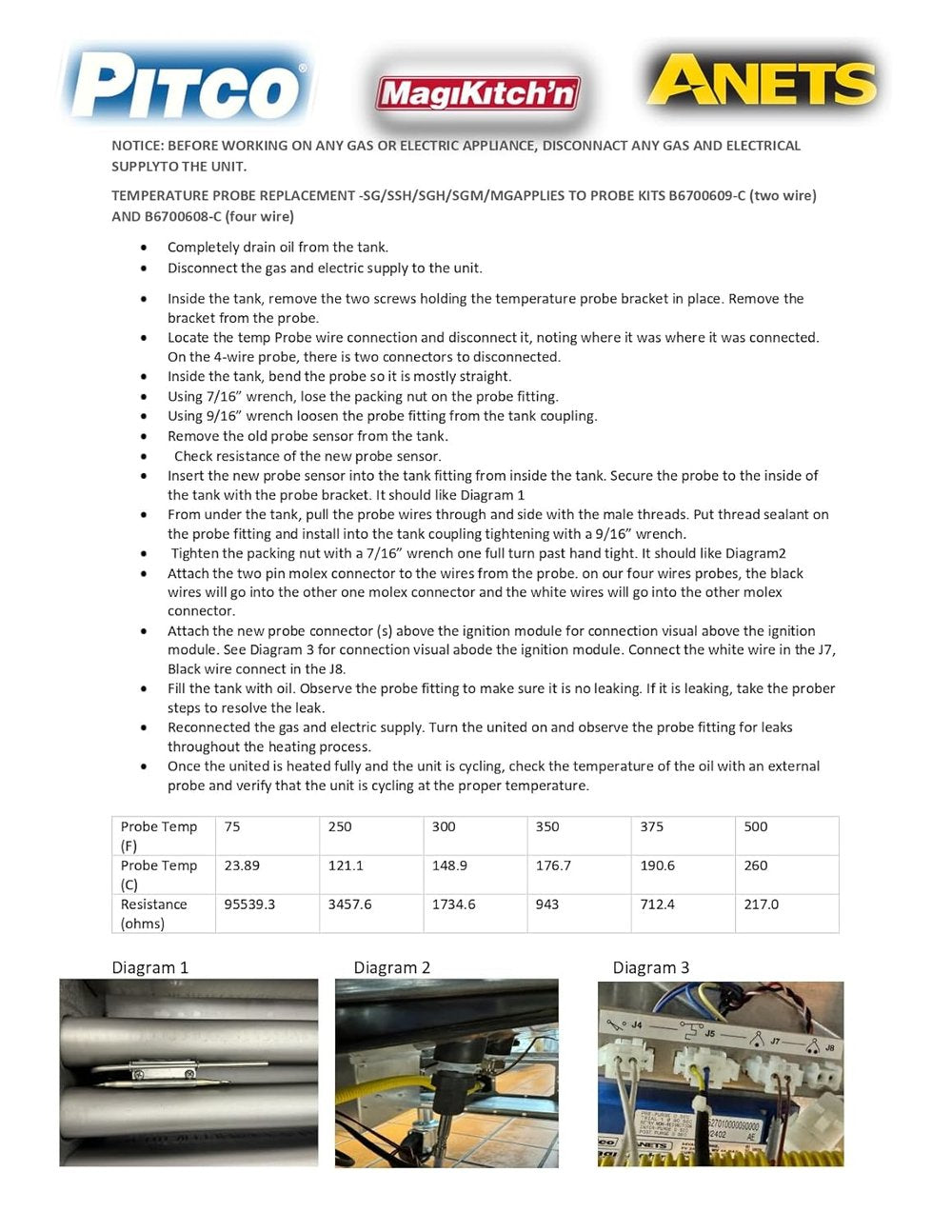 Compatible with PITCO Probe Compatible, Temperature B6700608-CL Probe Servicec Kit Sg 2 Elem Wiring (Four Wire)